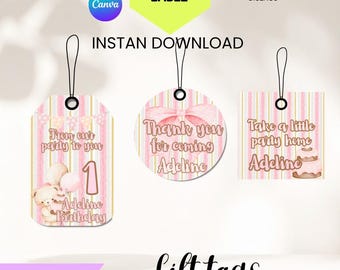 Pink Bear Favor Tags Printable Editable + Free Name Label, Pink Bear Party Tags, Treat Bag Labels, Bear Party Decorations Digital Download