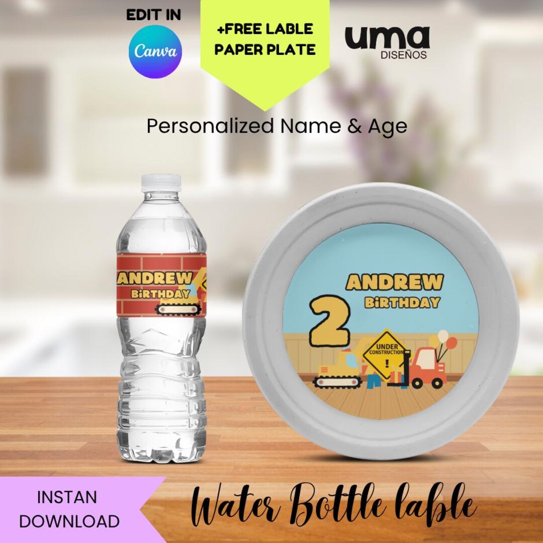 Construction Water Bottle Label Printable Editable + Free Paper Plate ...
