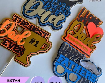 4 TEMPLATE Fathers Day SVG bundle Best Dad Ever Cake topper cameo SVG cut file Happy Fathers day Template love dad for cricut