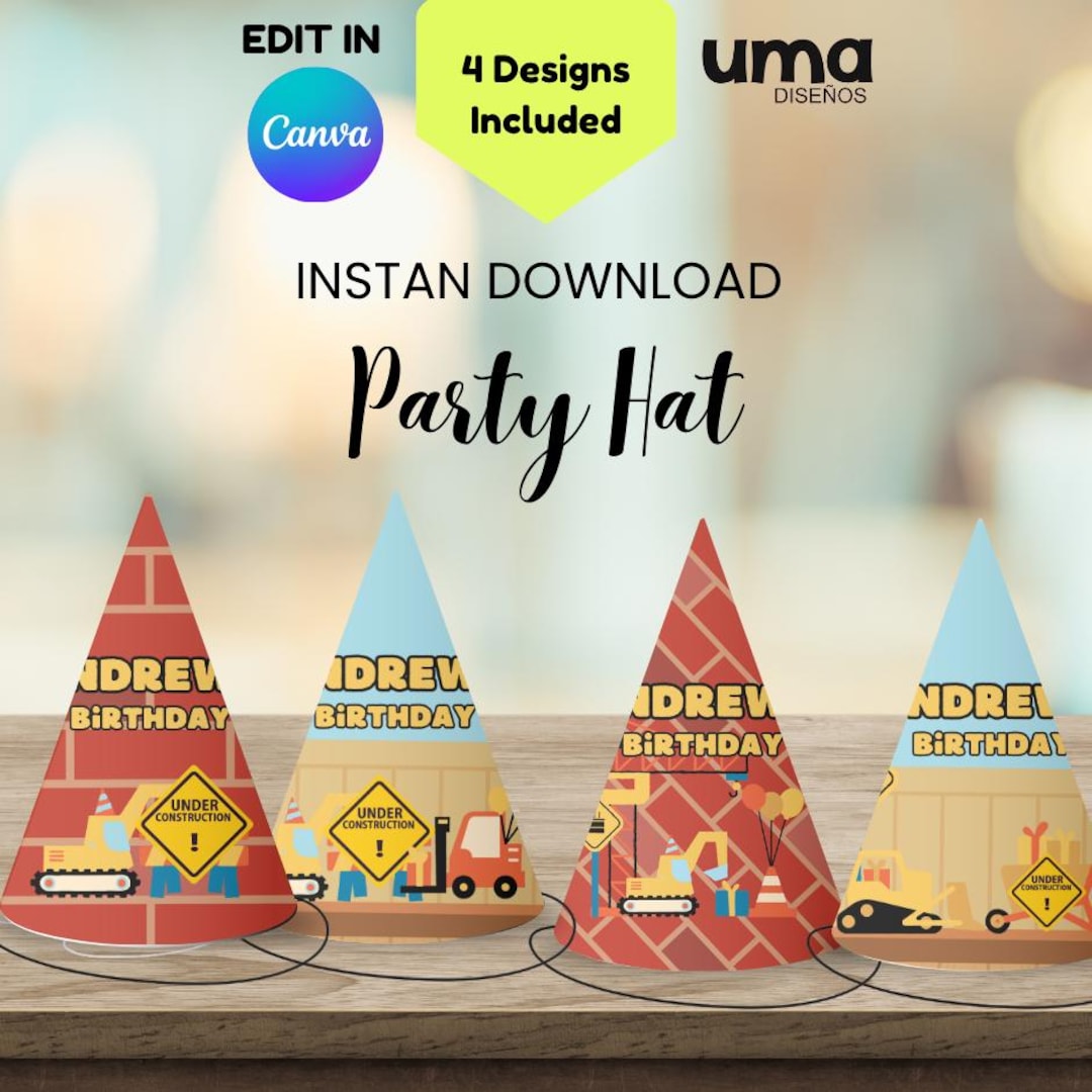 Construction Party Hat Printable, Editable Construction Birthday Hat ...