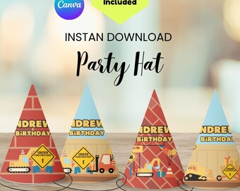 Construction Party Hat Printable, Editable Construction Birthday Hat, Kids Construction Party Hat Template, DIY Party Hat,, 4 Designs