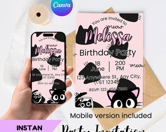 cats kitties Invitation Printable Editable + Free Mobile Invite, cats kitties Party Invitation Template, cats kitties Theme Digital Download