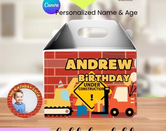 Construction Gable Box Label Printable, Construction Birthday Party Favor Box Sticker, Editable Gift Box Decoration + FREE Stickers