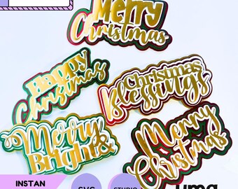 Bundle Merry Christmas SVG Cut File 3D Cake Topper, Christmas Blessings PNG Studio Template, Merry & Bright Paper Banner Digital Download