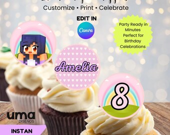 Editable Aphmau Cupcake Toppers Printable, Gamer Girl Birthday Party Decor, Canva Template Kids Cake Picks, DIY Dessert Table Favor Stickers