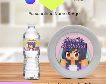 Editable Aphmau Water Bottle Labels Printable, Gamer Girl Birthday Drink Wrappers, Canva Template Kids Paper Plate Stickers Decor DIY Pack