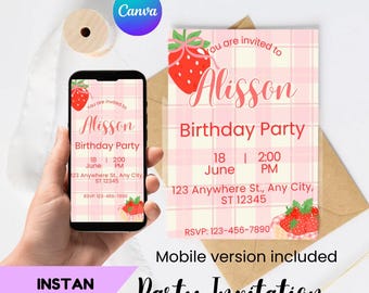 STRAWBERRY Invitation Printable Editable + Free Mobile Invite, STRAWBERRY Party Invitation Template, STRAWBERRY Theme Digital Download