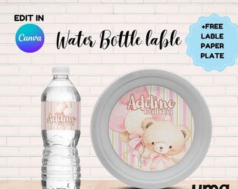 Pink Bear Water Bottle Label Printable Editable + Free Paper Plate Label, Pink Bear Party Drink Label, Pink Bear Theme Party Decorations