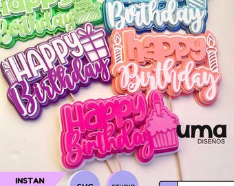 5 Happy Birthday Cake Topper SVG Bundle, Layered Paper Cut File for Cricut & Silhouette, 3D Birthday Template Digital Download