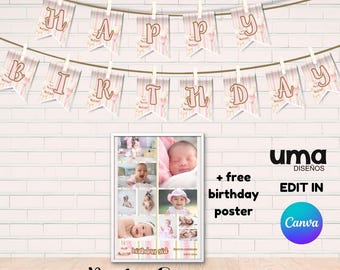 Pink Bear Party Banner Printable Editable + Free Birthday Poster, Pink Bear Backdrop Decor, Dessert Table Background Digital Download