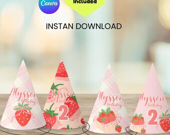 STRAWBERRY Party Hat Printable, Editable STRAWBERRY Birthday Hat, Kids strawberry Party Hat Template, DIY Party Hat, Instant Download,