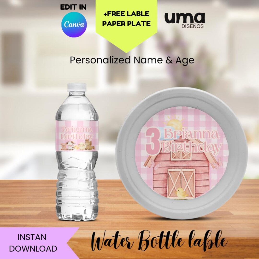 Matching Label Editable Pink Farm Water Bottle Labels With Matching Plate Label, Pink ...