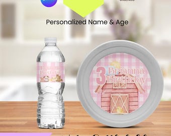 Editable Pink Farm Water Bottle Labels with Matching Plate Label, Pink Farm Theme Drink Wrapper, Pink Farm Party Decor Digital Download