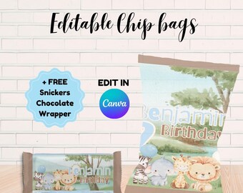 Editable Safari jungle Chip Bag Wrapper Printable – Safari jungle Birthday Party Favor – Instant Download + FREE Snickers Chocolate Wrapper