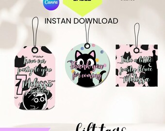 cats kitties Favor Tags Printable Editable + Free Name Label, cats kitties Party Tags, Treat Bag Labels, cats kitties Party Decorations