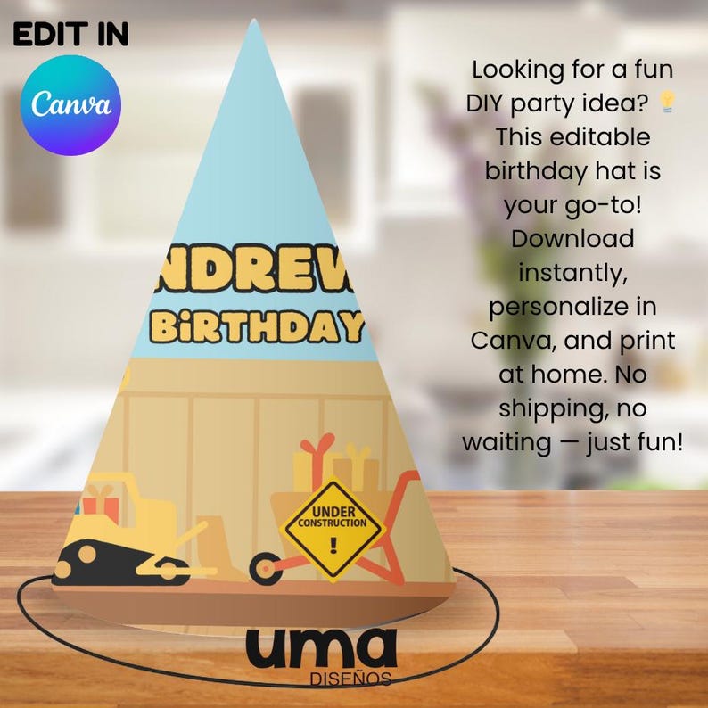 Construction Party Hat Printable, Editable Construction Birthday Hat ...