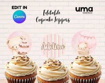 pink bear Cupcake Toppers Printable, pink bear PARTY Party Decor, Editable pink bear Party Decorations, Instant Download