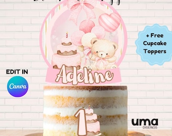 Editable pink bear Cake Topper Printable, pink bear Birthday Party, Personalized Kids Cake Decoration, Instant Download + Cupcake Toppers