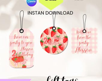 STRAWBERRY Favor Tags Printable Editable + Free Name Label, STRAWBERRY Party Tags, Treat Bag Labels, STRAWBERRY Party Decorations Digital