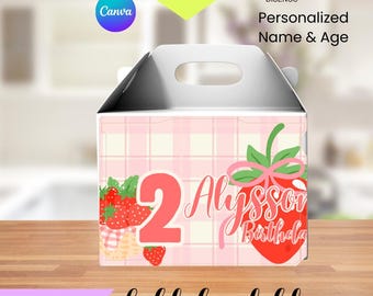STRAWBERRY Gable Box Label Printable, STRAWBERRY Birthday Party Favor Box Sticker, Editable Gift Box Decoration + FREE Stickers