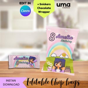 May include: Pink birthday-themed chip bag and candy wrapper with the name "Amelia" and the number "8". The chip bag features a rainbow, sun, and a cartoon character. The candy wrapper is a smaller version of the chip bag design. Text on the image includes "Edit in Canva" and "Instant Download".