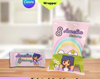 Editable Aphmau Chip Bag Wrapper Printable - Girl Birthday Party Favors Canva Template - Snack Bar Decor + Free Chocolate Bar Wrapper