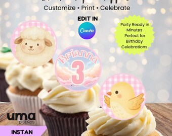 Pink farm Cupcake Toppers Printable, Pink farm PARTY Party Decor, Editable Pink farm Party Decorations, Instant Download