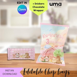 Editable Pink farm Chip Bag Wrapper Printable – Pink farm Birthday Party Favor – Instant Download + FREE Snickers Chocolate Wrapper