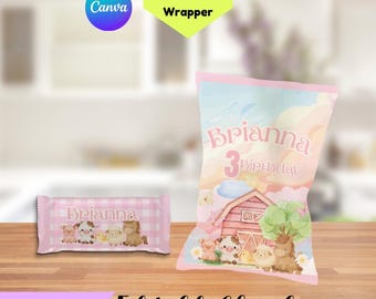 Editable Pink farm Chip Bag Wrapper Printable – Pink farm Birthday Party Favor – Instant Download + FREE Snickers Chocolate Wrapper