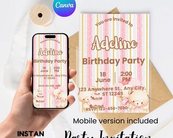 Pink Bear Invitation Printable Editable + Free Mobile Invite, Pink Bear Party Invitation Template, Pink Bear Theme Digital Download