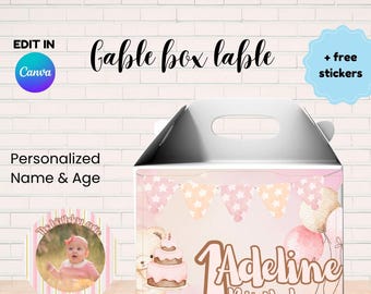 pink bear Birthday Gable Box Label Printable, Editable Party Favor Box Decoration for girls + FREE Matching Stickers