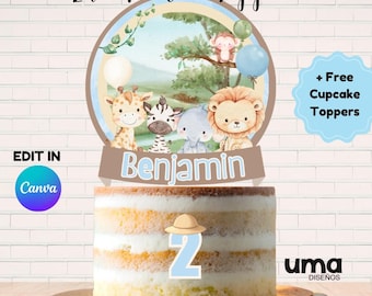 Editable Safari jungle Cake Topper Printable | Personalized Kids Birthday Party Decor | Instant Download + Cupcake Toppers