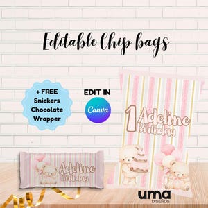 Puede incluir: Bolsas de patatas fritas a rayas rosas y blancas y un envoltorio de chocolate Snickers con un tema de osito de peluche. El texto "Editable Chip bags" y "Adeline Birthday" son visibles. El diseño es editable en Canva.
