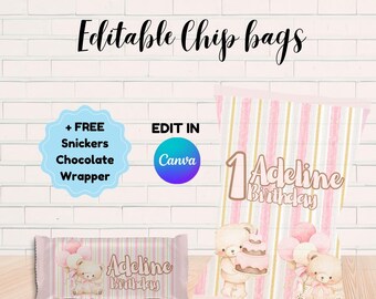 Editable pink bear Chip Bag Wrapper Printable – pink bear Birthday Party Favor – Instant Download + FREE Snickers Chocolate Wrapper