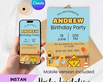 Construction Invitation Printable Editable + Free Mobile Invite, Construction Party Invitation Template, Construction Theme Digital Download