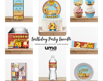Construction Birthday Party Decorations Bundle Editable Canva Template, Printable Party Kit, Chip Bag, Invitation, Cupcake Toppers