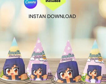 Aphmau Party Hat Printable, Editable Gamer Girl Birthday Party Hats, Canva Template Kids Birthday Cone Hat Decor, Instant Download DIY Pack