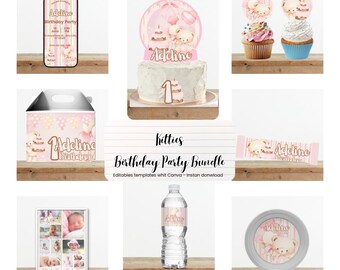Pink Bear Birthday Party Bundle Editable Canva Kit, Printable Decorations, Invitation, Chip Bag, DIY girl Pink Bear Party cake topper