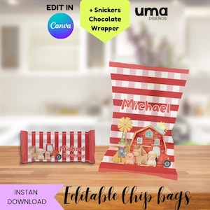 Editable farm Chip Bag Wrapper Printable – farm Birthday Party Favor – Instant Download + FREE Snickers Chocolate Wrapper
