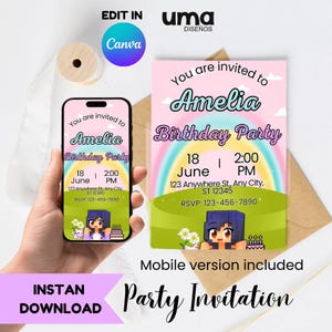Puede incluir: Una invitación de fiesta con fondo rosa y arcoíris. La invitación dice "You are invited to Amelia Birthday Party" con fecha, hora y lugar. Se incluye una versión móvil. También se ven las palabras "INSTAN DOWNLOAD".