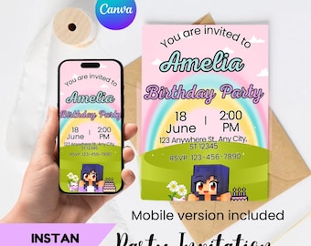Editable Aphmau Birthday Invitation Printable, Gamer Girl Party Invite Canva Template, Digital Phone Avoid Electronic Message, DIY Card