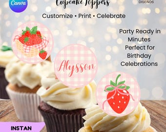 Editable STRAWBERRY Cupcake Toppers Printable | Instant Download | STRAWBERRY Party Decor | CanvaTemplate | Birthday Cupcake Topper