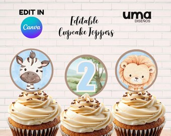 Safari jungle Cupcake Toppers Printable, Safari jungle PARTY Party Decor, Editable Safari jungle Party Decorations, Instant Download