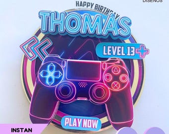 Gamer Birthday Cake Topper SVG | Video Game Controller 3D Layered Template for Cricut & Silhouette | Neon Level Unlocked Party Decor