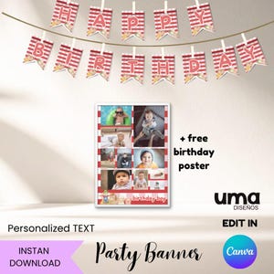 Puede incluir: Una pancarta de fiesta con las palabras "Happy Birthday" en banderines a rayas rojas y blancas. Debajo hay un collage de fotos con el texto "birthday boy". La imagen también incluye el texto "+ free birthday poster", "Personalized TEXT" e "INSTAN DOWNLOAD".