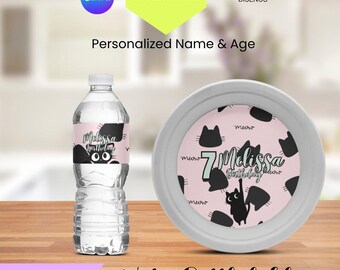 cats Water Bottle Label Printable Editable + Free Paper Plate Label, cats kitties Party Drink Label, cats kitties Theme Party Decorations