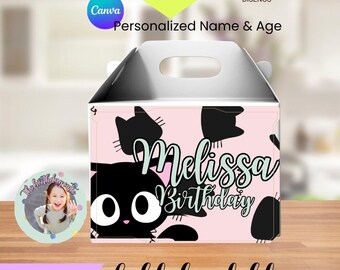 cats kitties Gable Box Label Printable, cats kitties Birthday Party Favor Box Sticker, Editable Gift Box Decoration + FREE Stickers