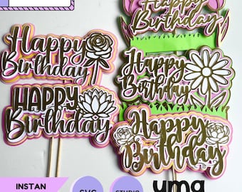 5 Floral Happy Birthday Cake Topper SVG Bundle, Flower Layered Cut File for Cricut & Silhouette, 3D Rose Flower Birthday Template Digital