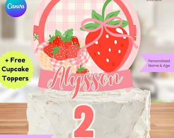 Editable Strawberry Cake Topper Printable – Birthday Party Decoration – Instant Download – Cute Party Decor for Kids Celebration