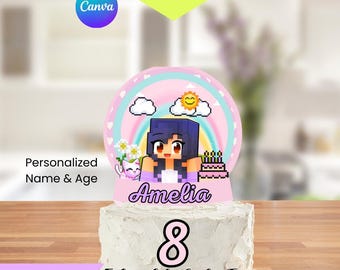 Editable Aphmau Cake Topper Printable, Gamer Girl Birthday Party Decor, Canva Template Kids Cake Centerpiece + Free Cupcake Toppers DIY Pack